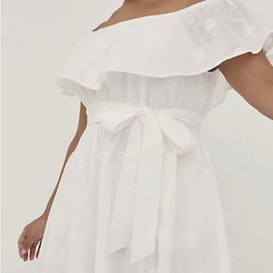 OFF-THE-SHOULDER TIE-WAIST SKATER DRESS - CHALLIS WHITE EMBROIDERY